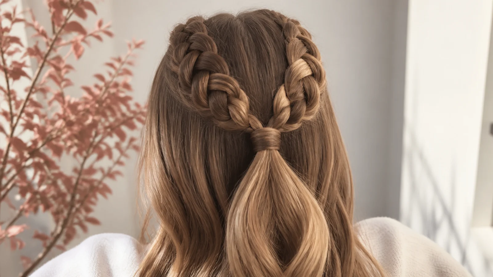 Faceless back view of two Dutch braids on the top half joining into a half-up ponytail at the crown