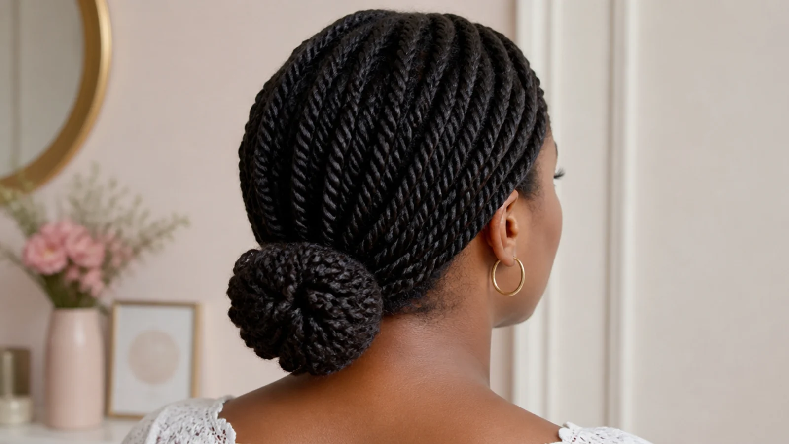 Faceless back view of flat two-strand twists gathered into a low protective bun on coily hair