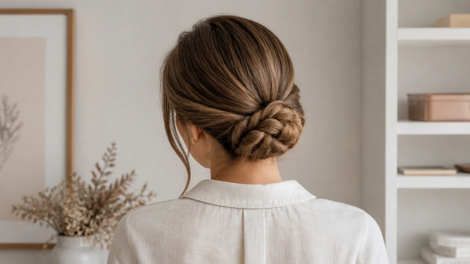 Faceless back view of a tidy low braided bun that keeps hair off the collar and out of the face