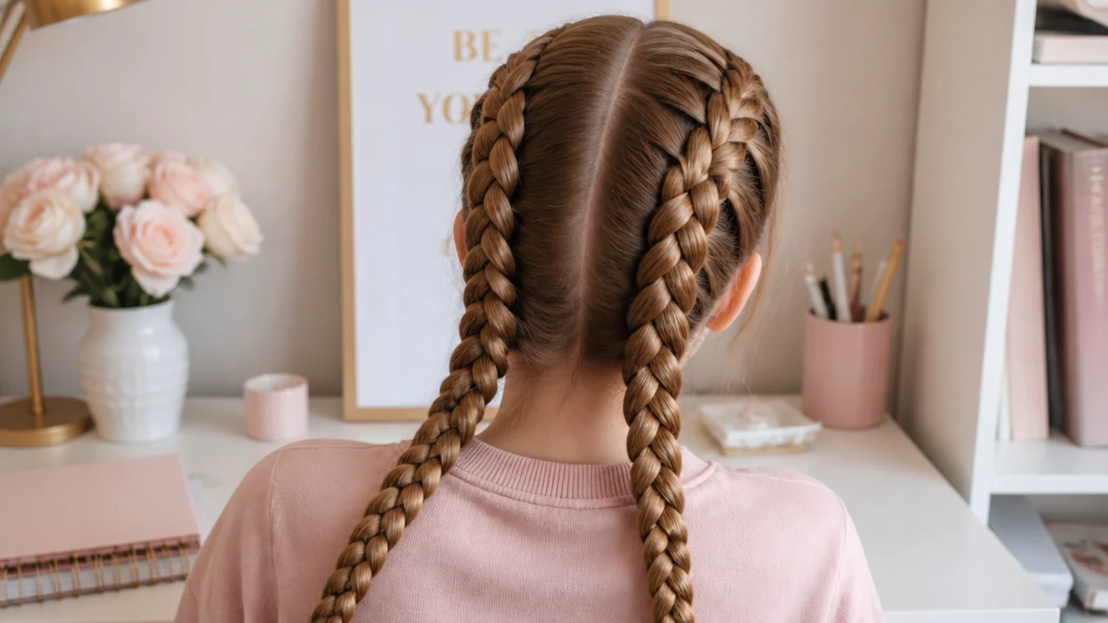 Faceless back view of two Dutch braids styled for school, smooth and tight from crown to nape