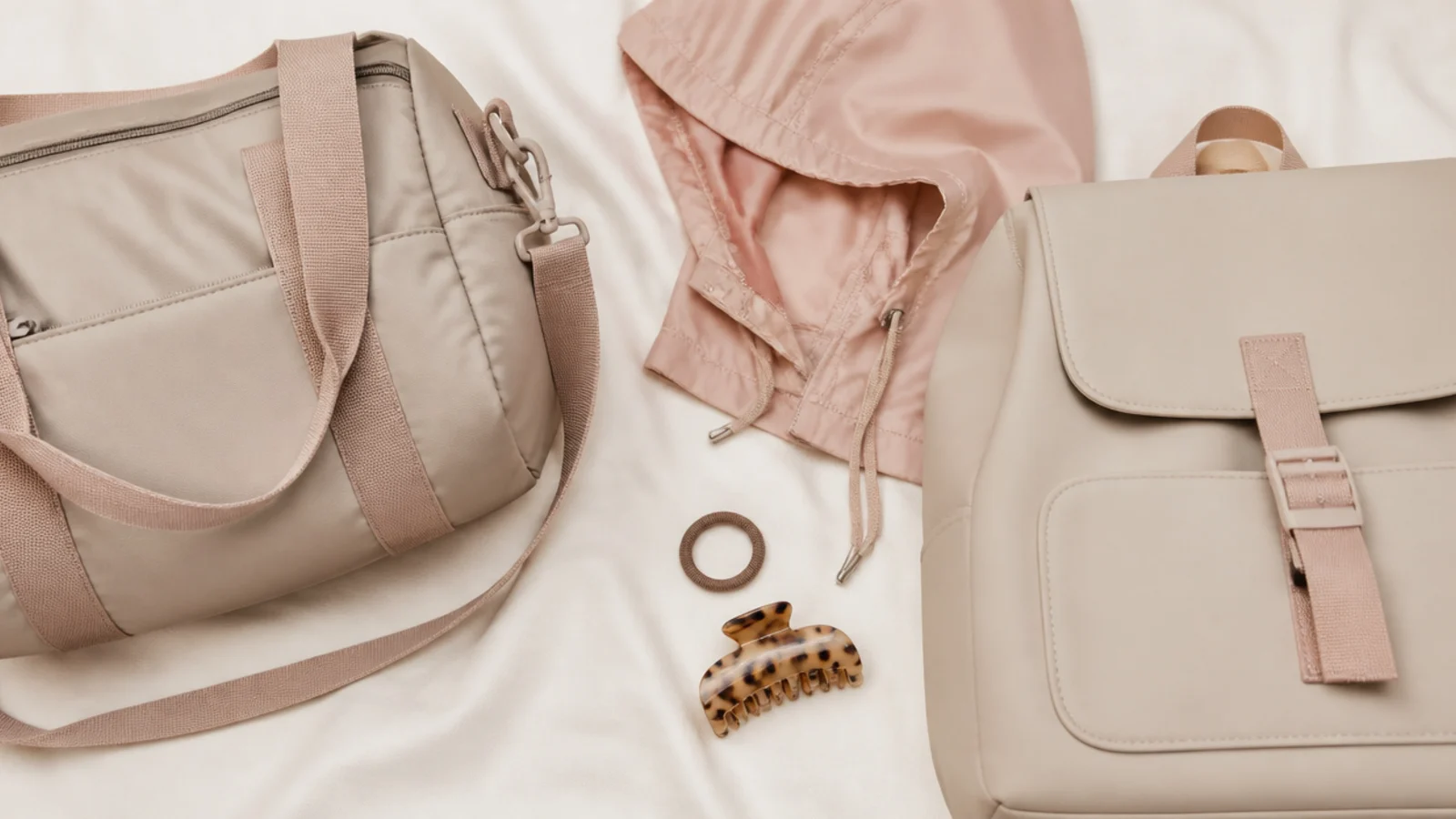 Faceless flat lay of a gym bag, a rain hood and a backpack beside a hair elastic and a claw clip