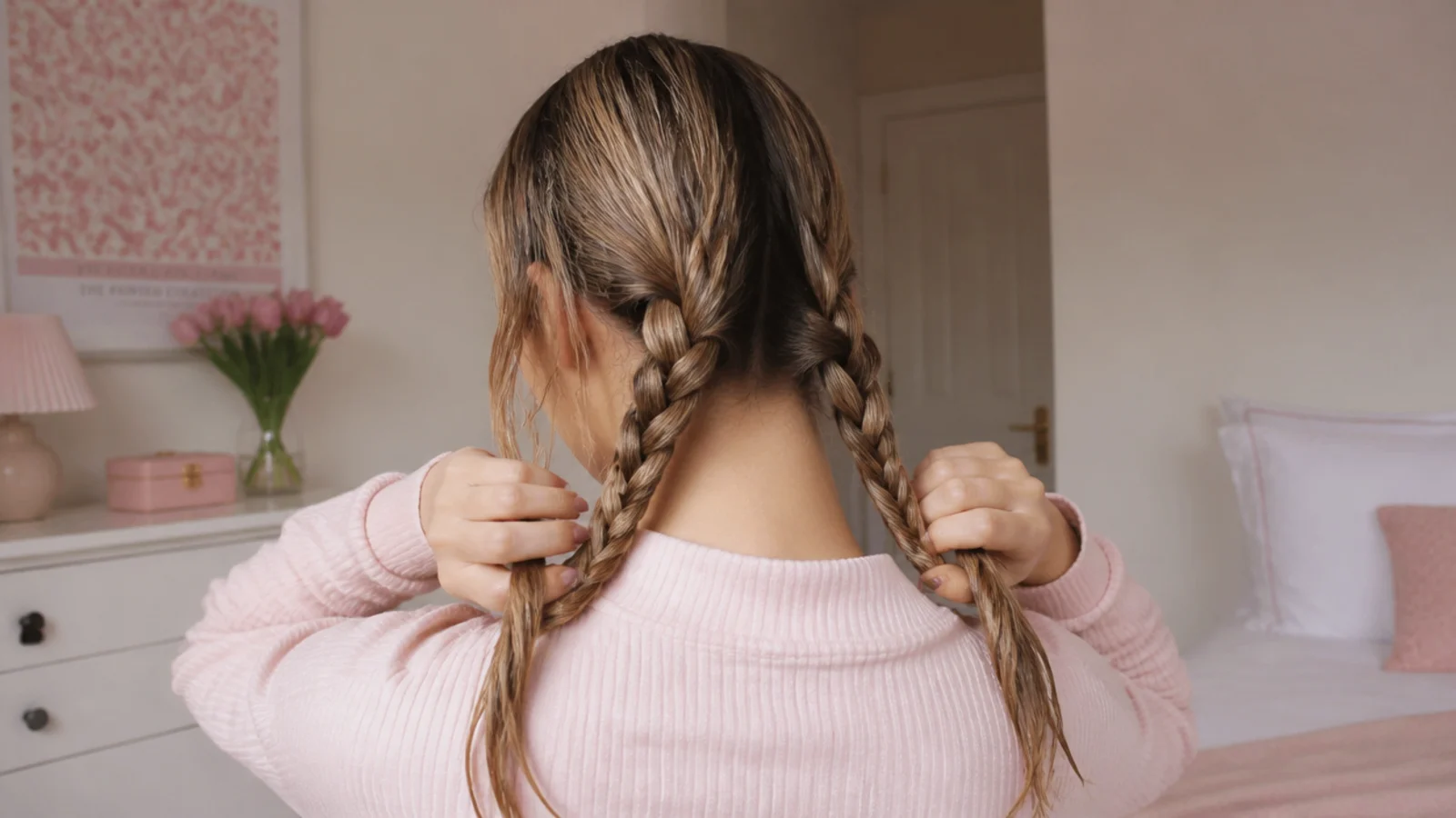 Faceless view of damp hair being braided into two loose plaits at night for next-day school waves