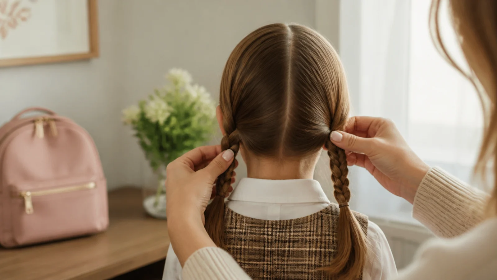 Faceless view of hands parting a child's hair into two low pigtail braids before school