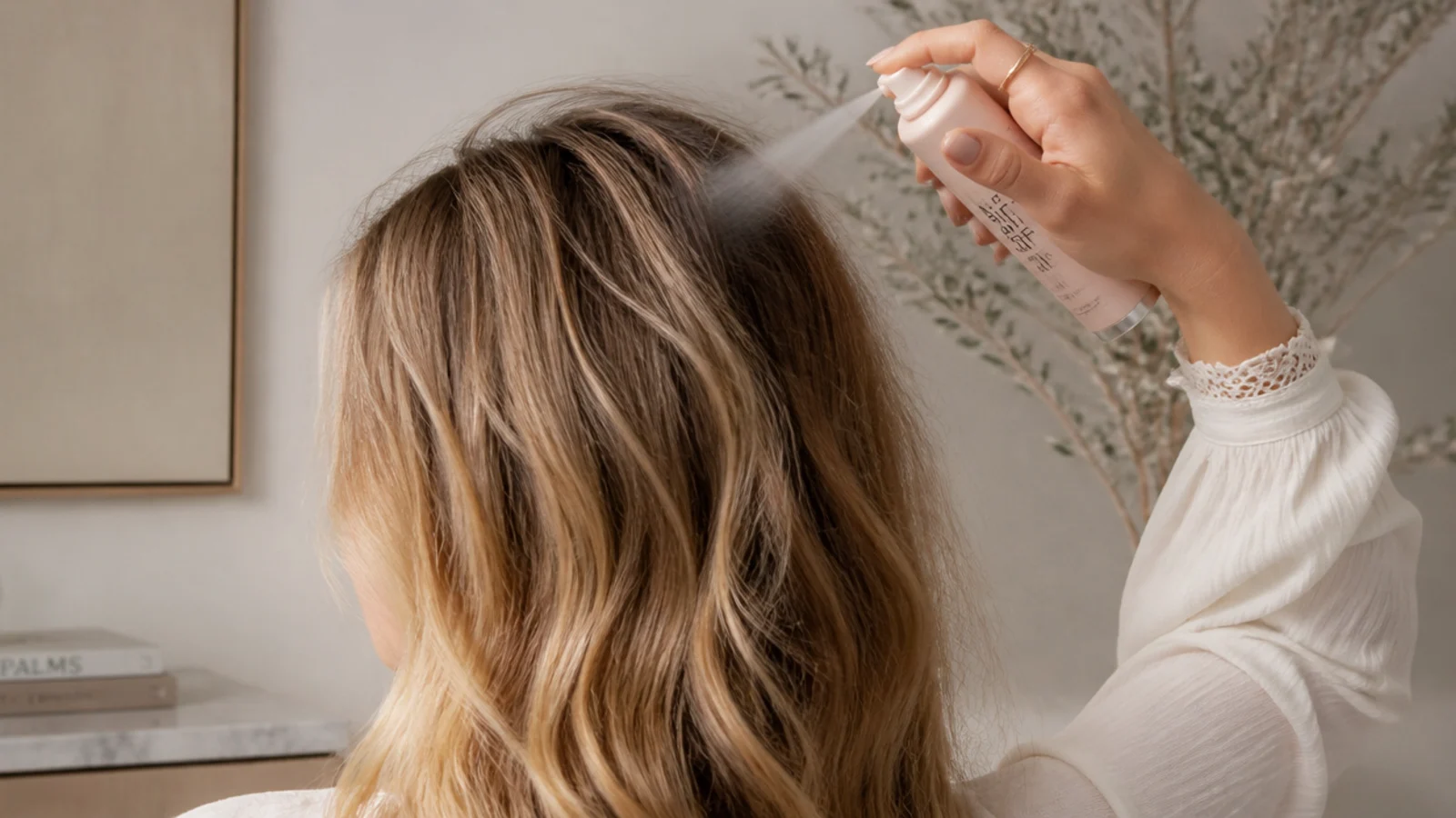 Faceless view of a light mist of texture spray being applied to the roots of day-old hair