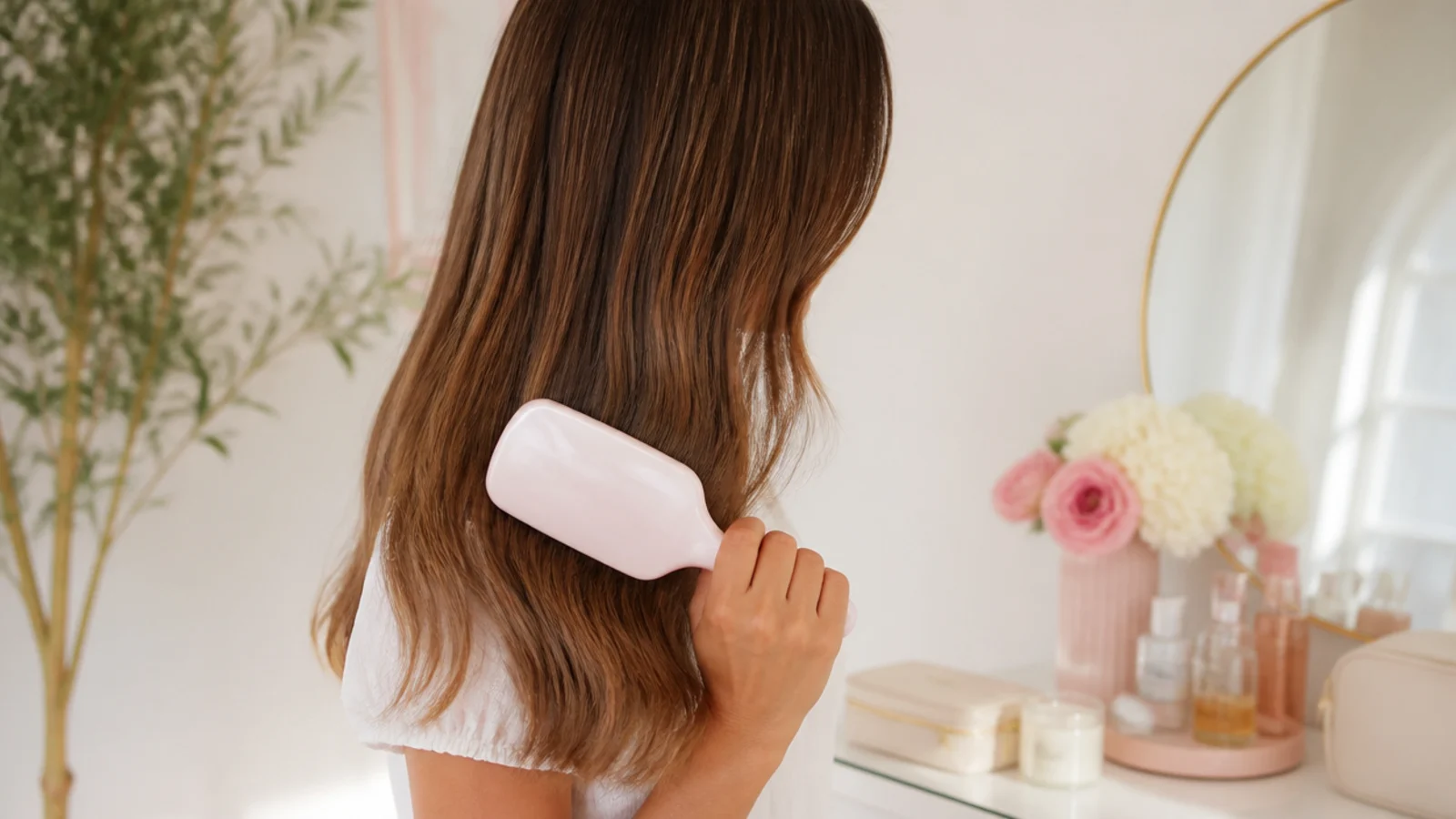 Faceless view of a paddle brush smoothing hair from mid-length to ends before styling