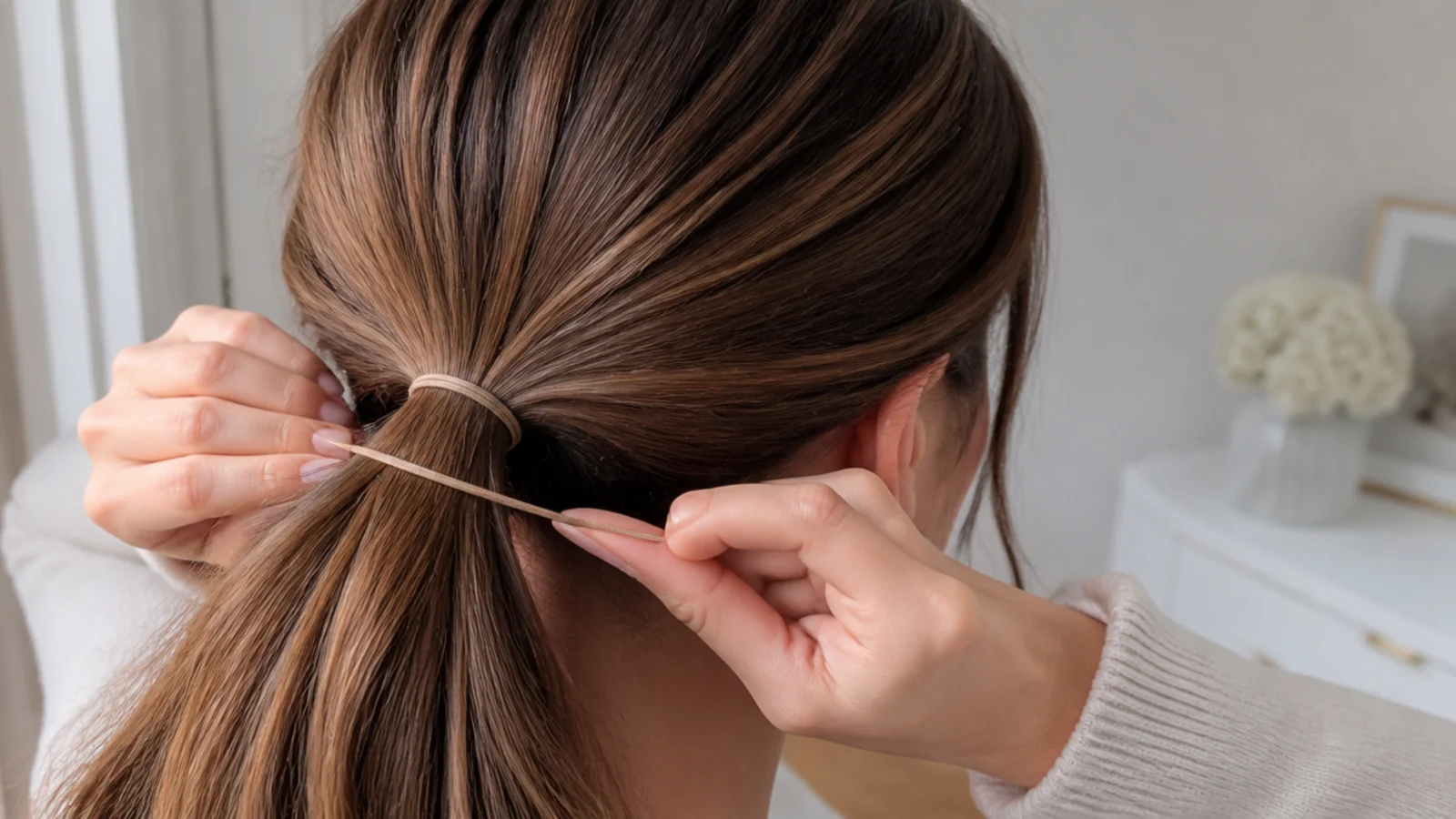 Faceless close-up of a second elastic being added below the first to lock a ponytail base