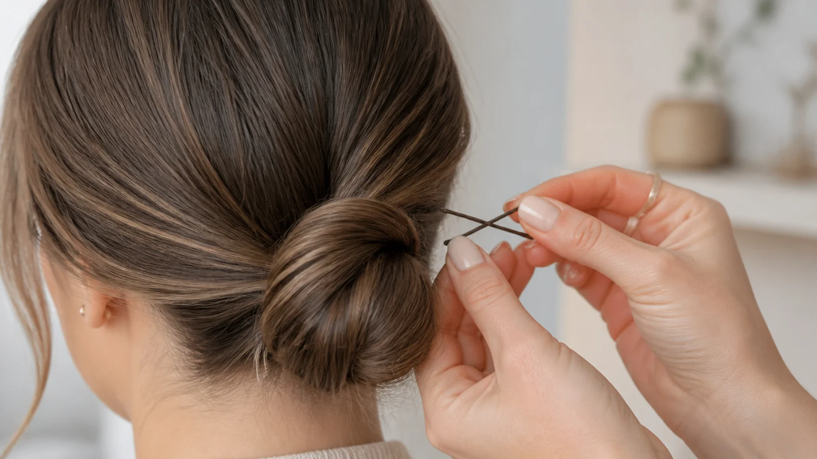 Faceless close-up of two bobby pins crossed into an X shape to lock the base of a low bun