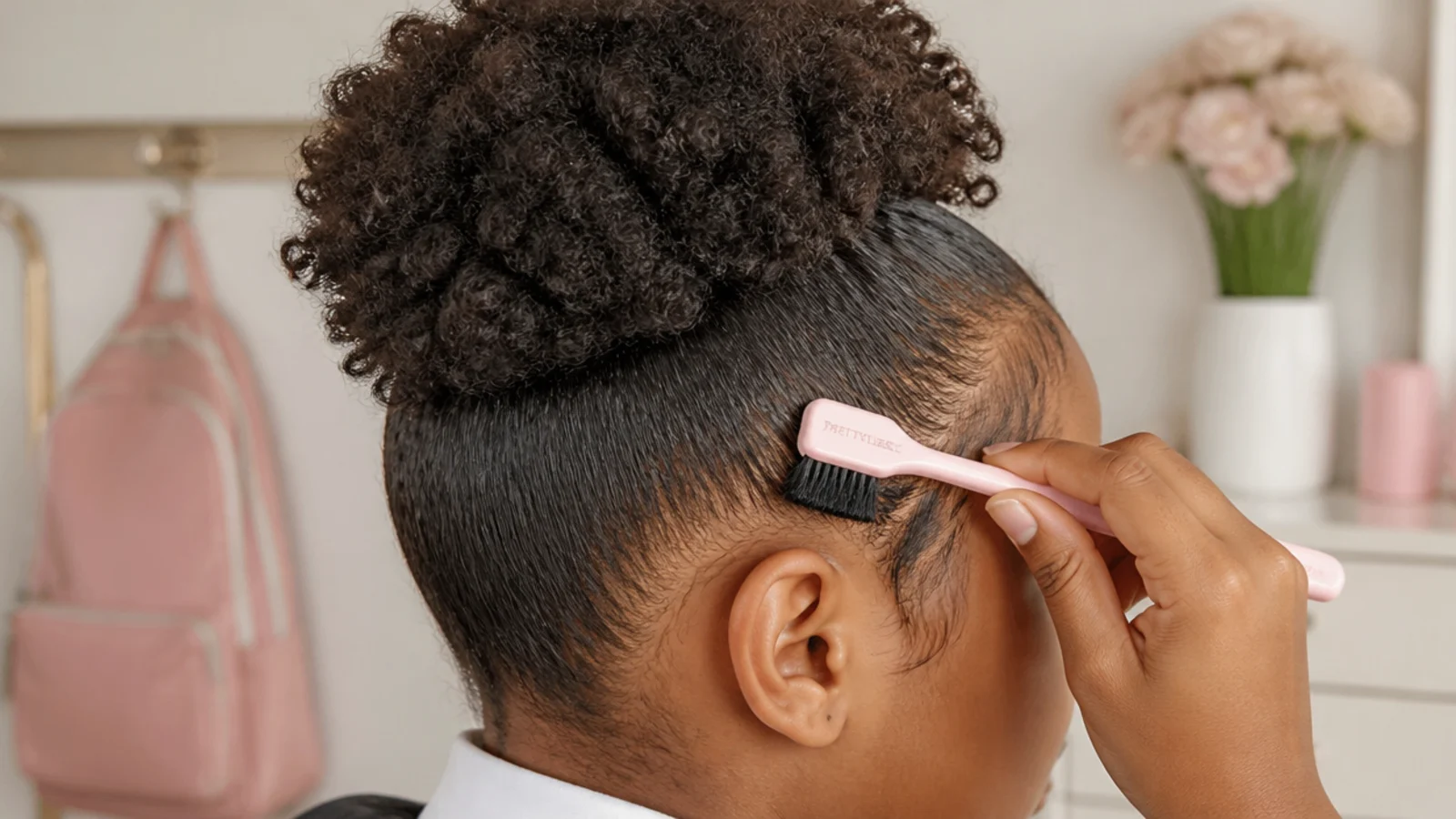 Faceless view of a hand smoothing an edge brush over the hairline to lock flyaways before school