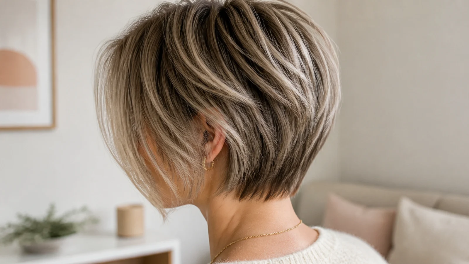Faceless side view of a bixie haircut blending a chin-length bob with cropped pixie layers