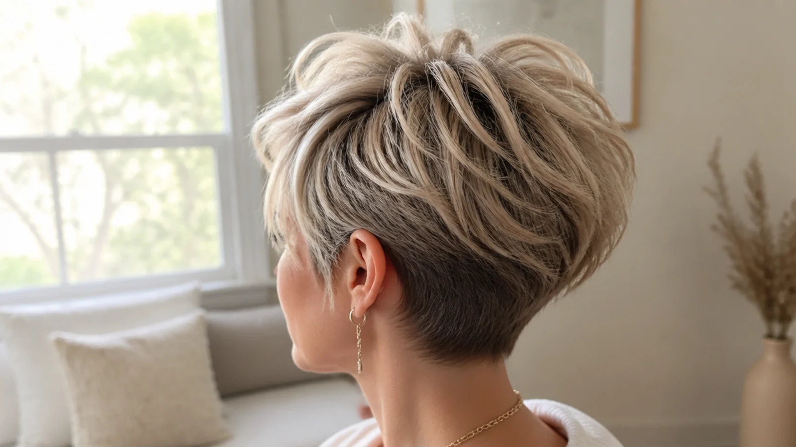 Faceless three-quarter view of a trixie haircut, a soft textured pixie with longer piecey top layers