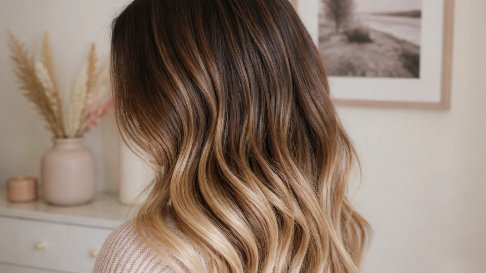 Faceless length-down view of color melting blending a deep root through caramel to blonde ends