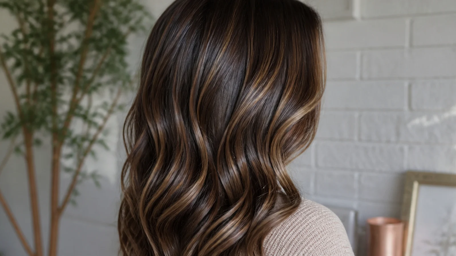 Faceless side view of glossy expensive-looking brunette hair with high-shine ribbons of dimension