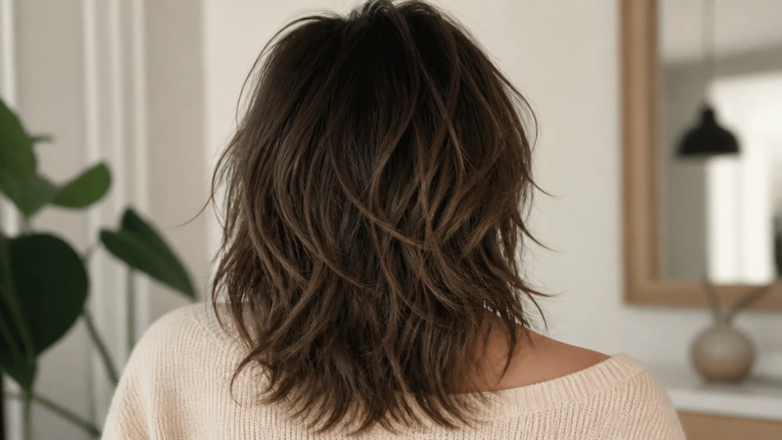 Faceless back view of a modern shag haircut with heavy textured layers and lived-in movement