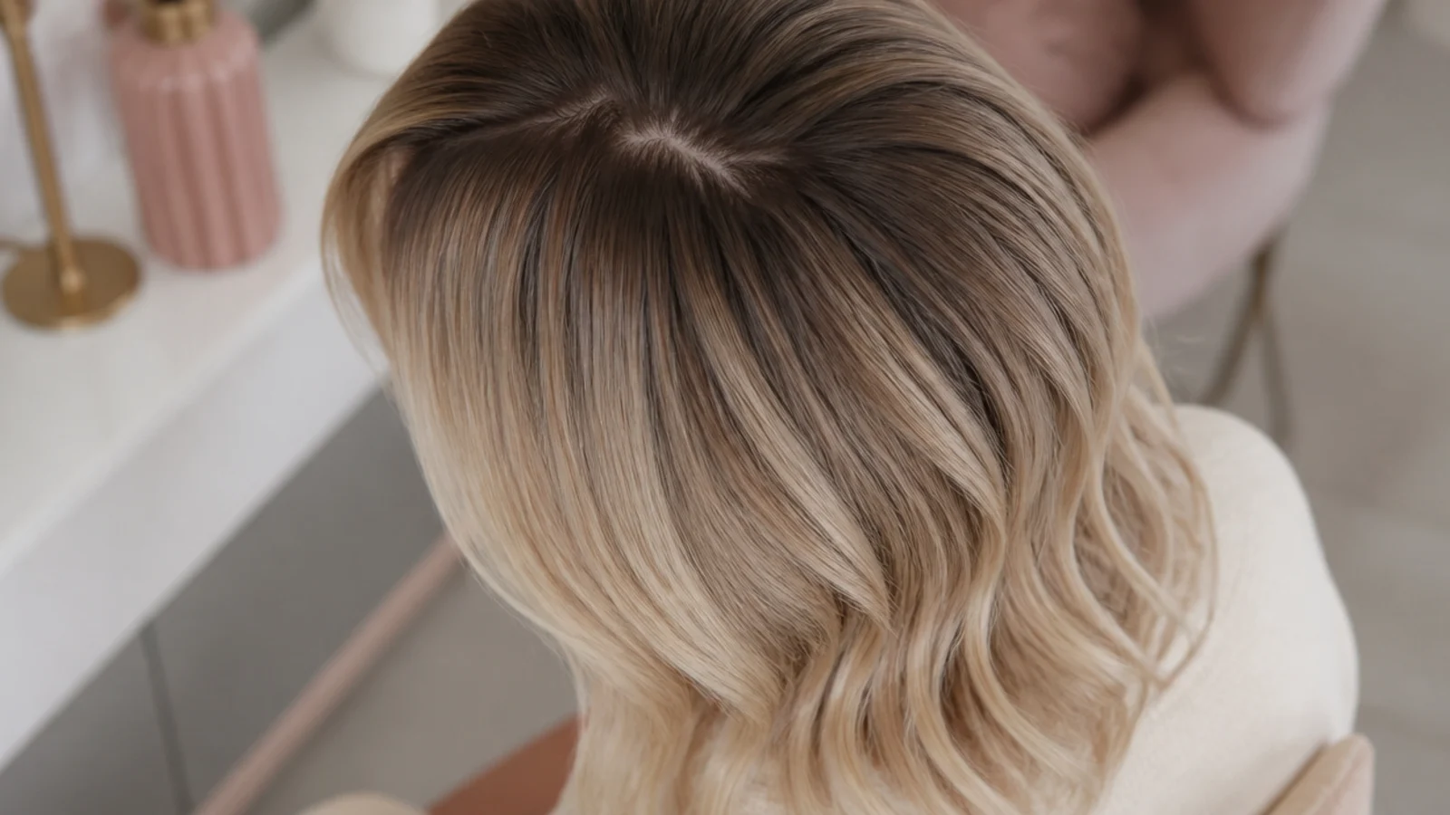 Faceless top-down view of a soft root shadow blending a darker root into lighter lengths