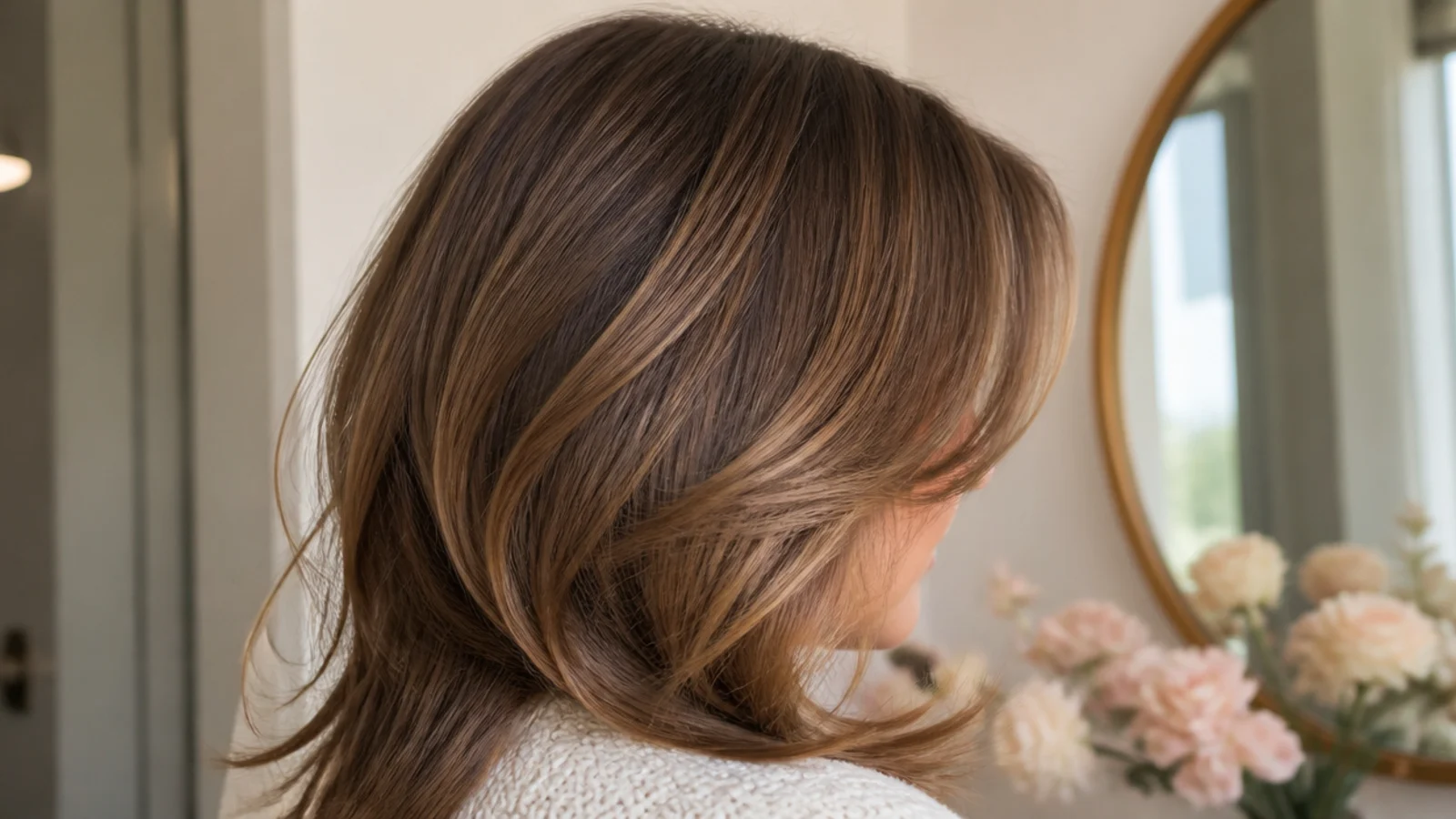Faceless three-quarter view of soft face-framing layers cut to graduate around the cheekbones and jaw
