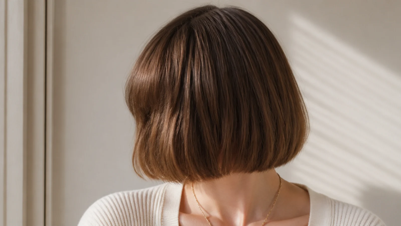 Faceless front view of a chin-length blunt French bob with a soft full fringe