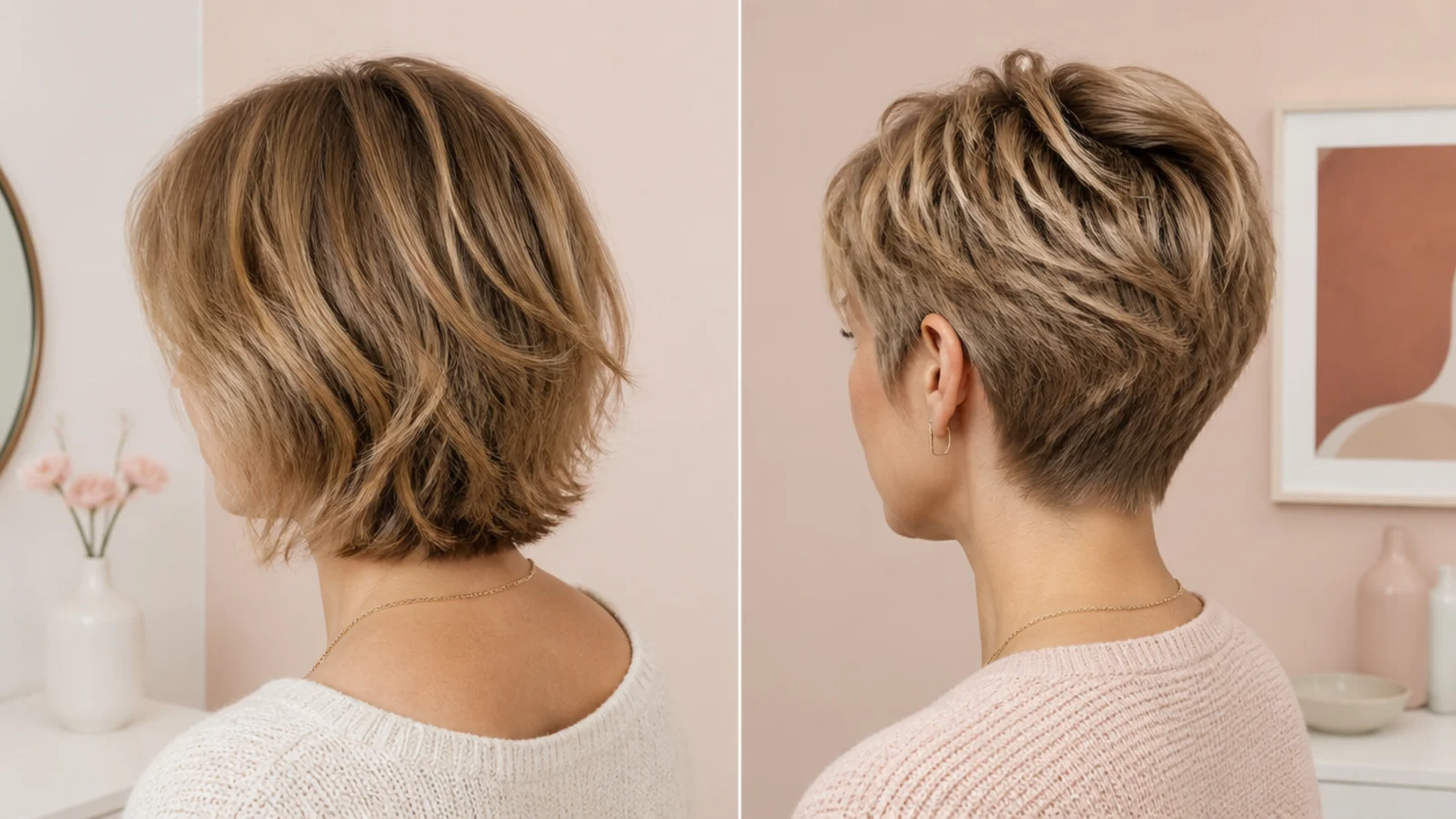Faceless split view comparing a longer soft bixie haircut beside a shorter textured trixie cut