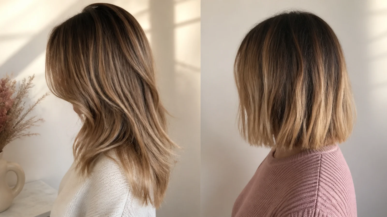 Faceless side-by-side of a soft-layered grow-out beside a blunt cut with an awkward regrowth stage