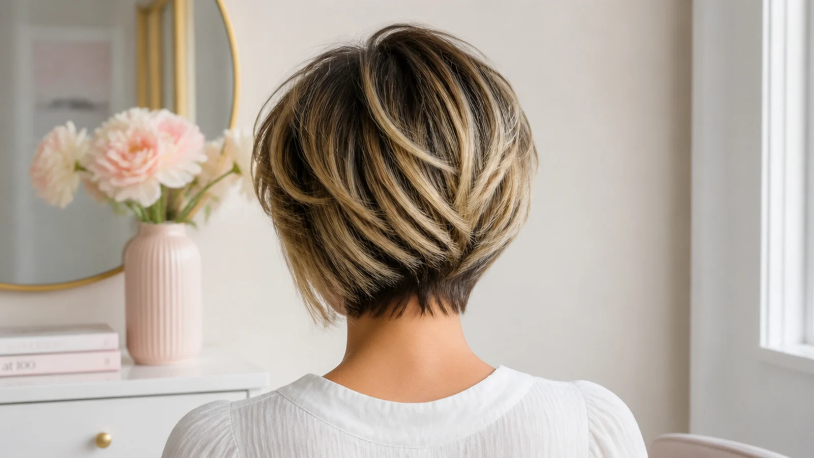 Faceless back view of a layered bixie haircut with soft color melting from brunette to honey blonde