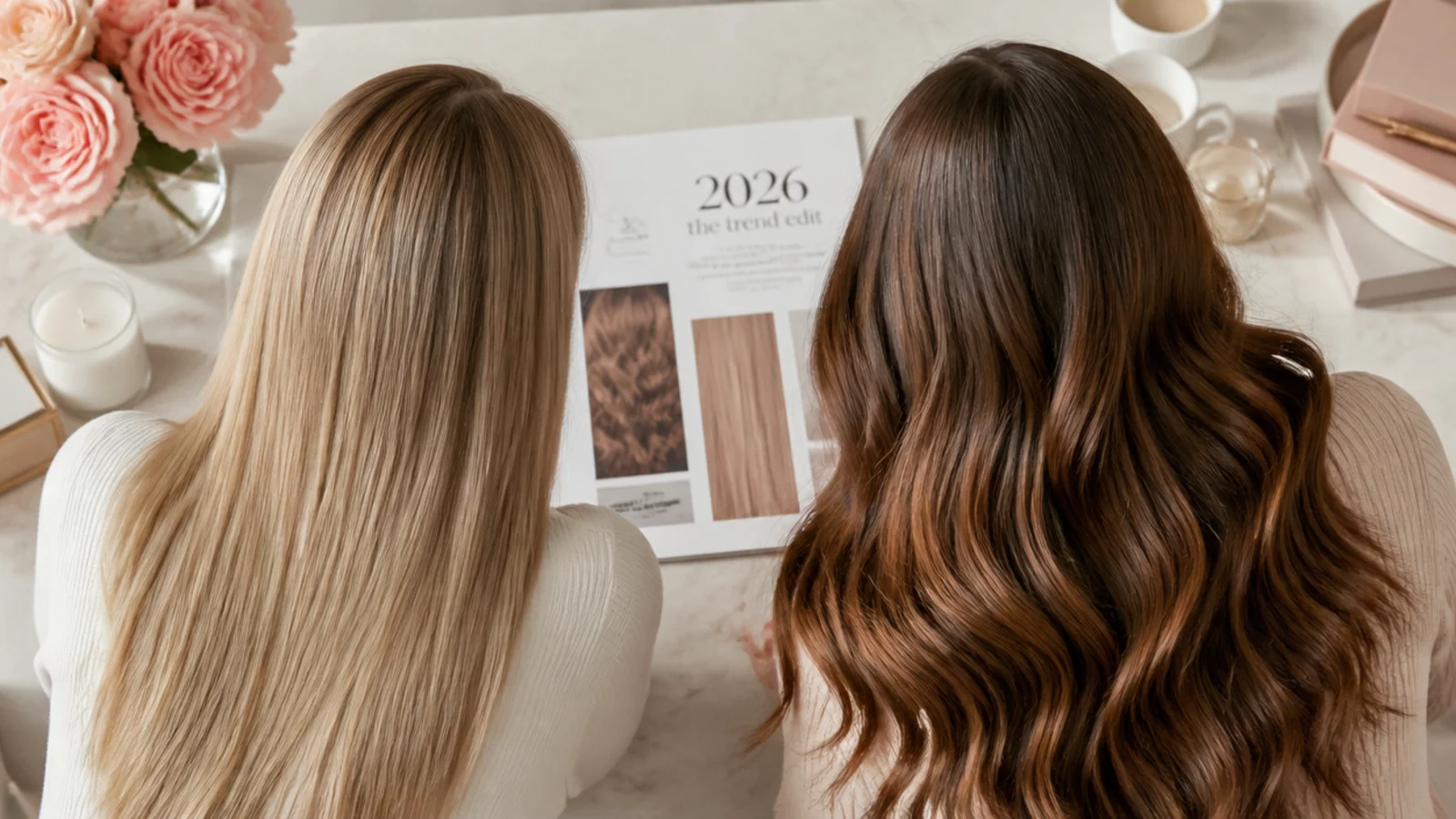 Faceless overhead view comparing fine straight hair and thick wavy hair for choosing a 2026 trend