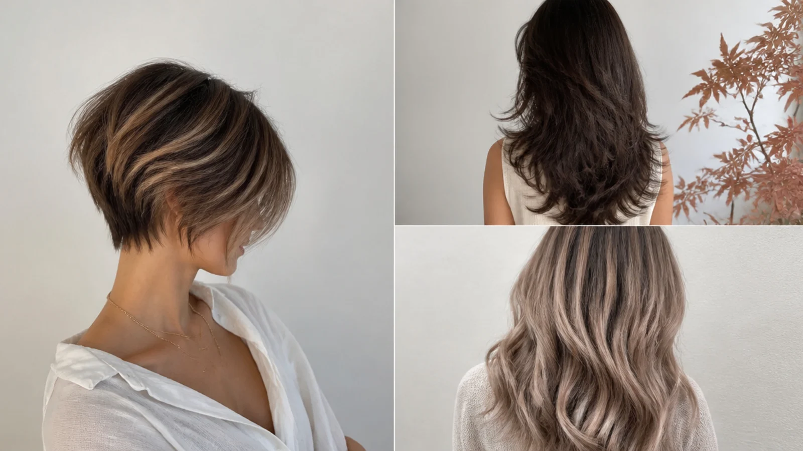 Faceless collage of 2026 hair trends including a bixie cut, cloud cut layers and color melting