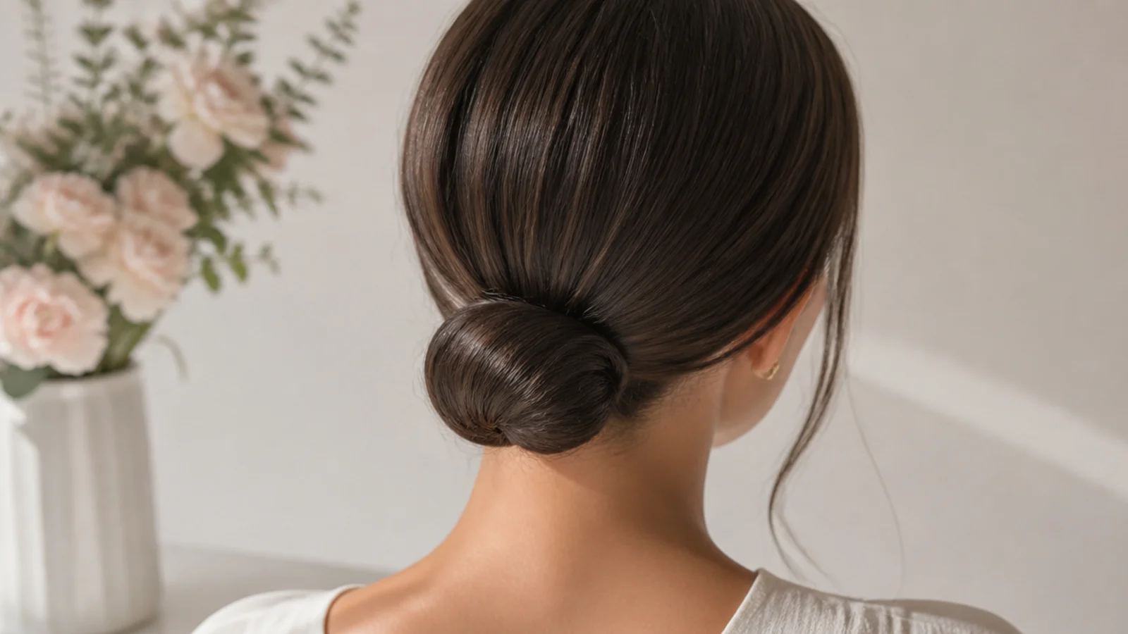 Faceless back view of a sleek low bun on straight fine hair pinned at the nape