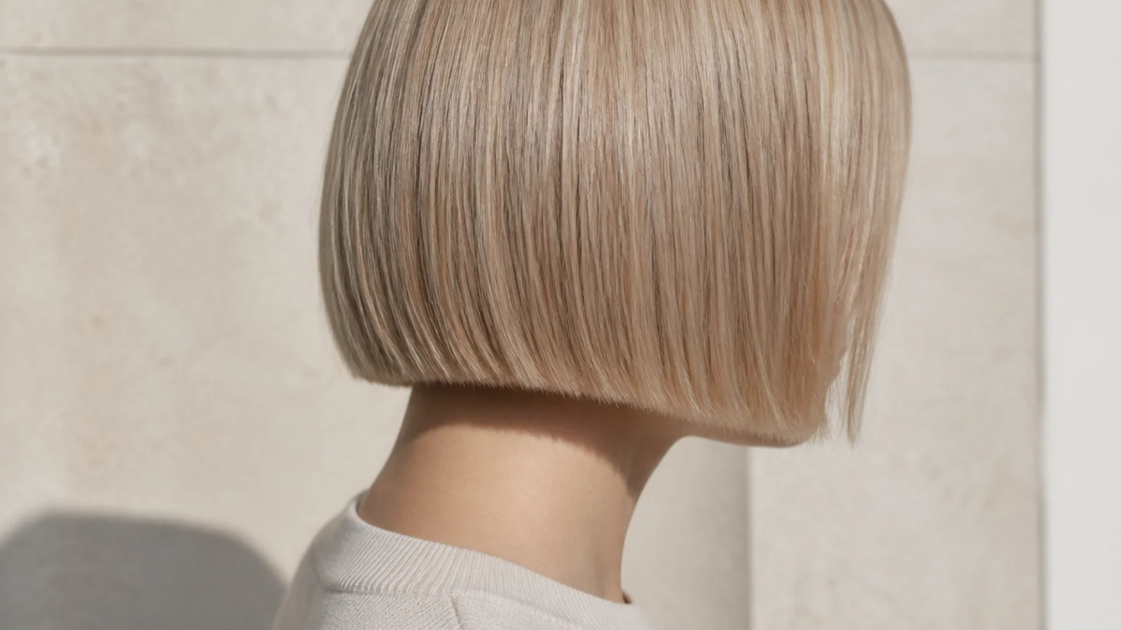 Faceless side profile of a blunt chin-length bob on straight fine hair with a heavy line