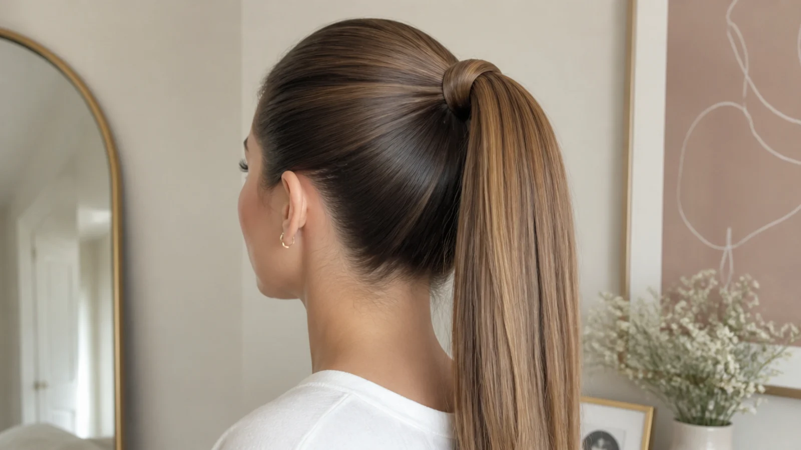 Faceless back view of a high sleek ponytail on straight thick hair with a wrapped base
