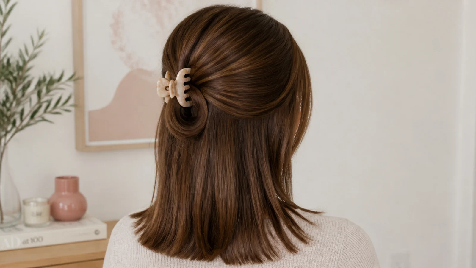 Faceless back view of a half-up claw clip twist on straight medium-length hair