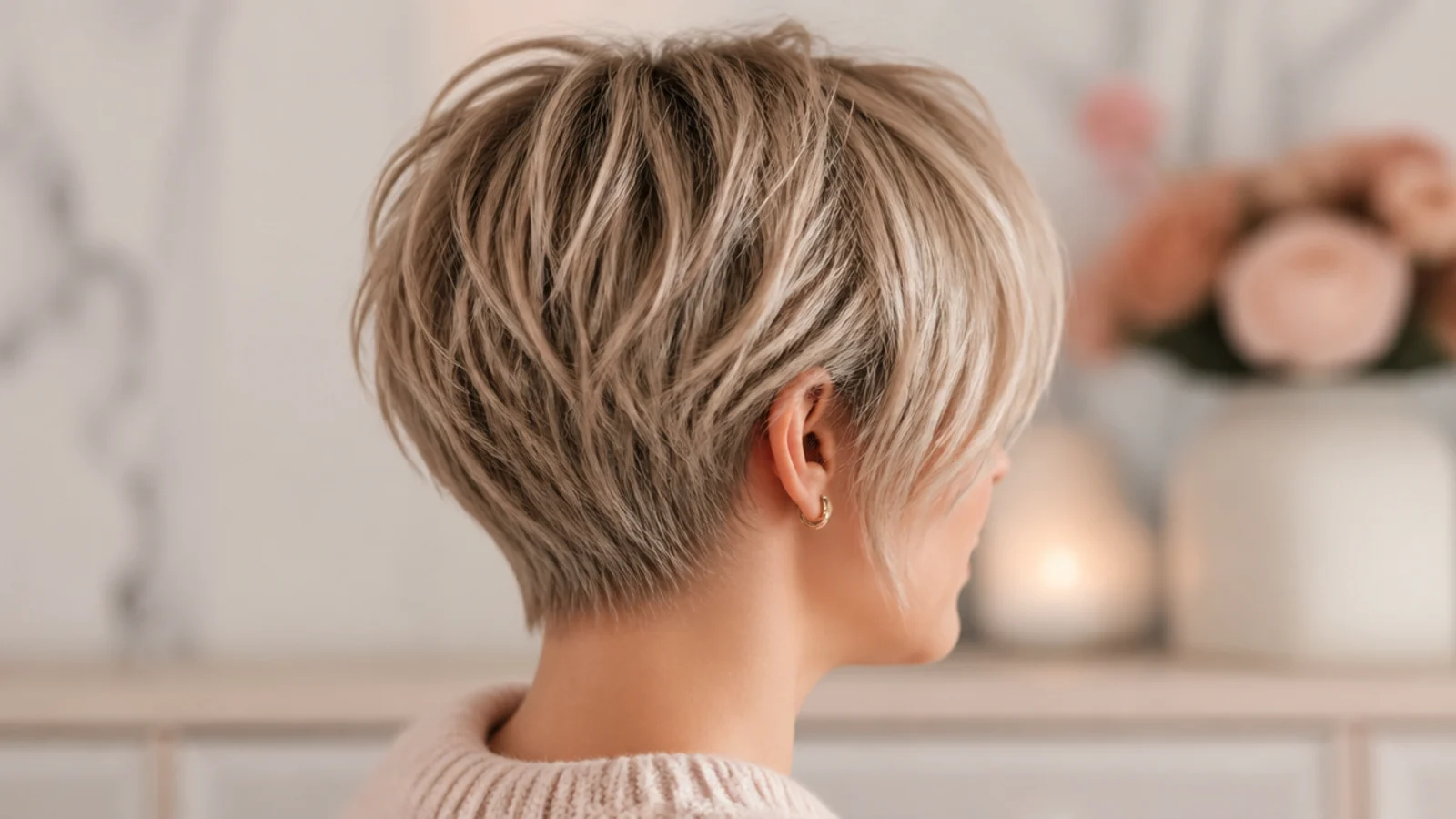 Faceless three-quarter view of a piecey textured pixie cut on straight fine low-density hair