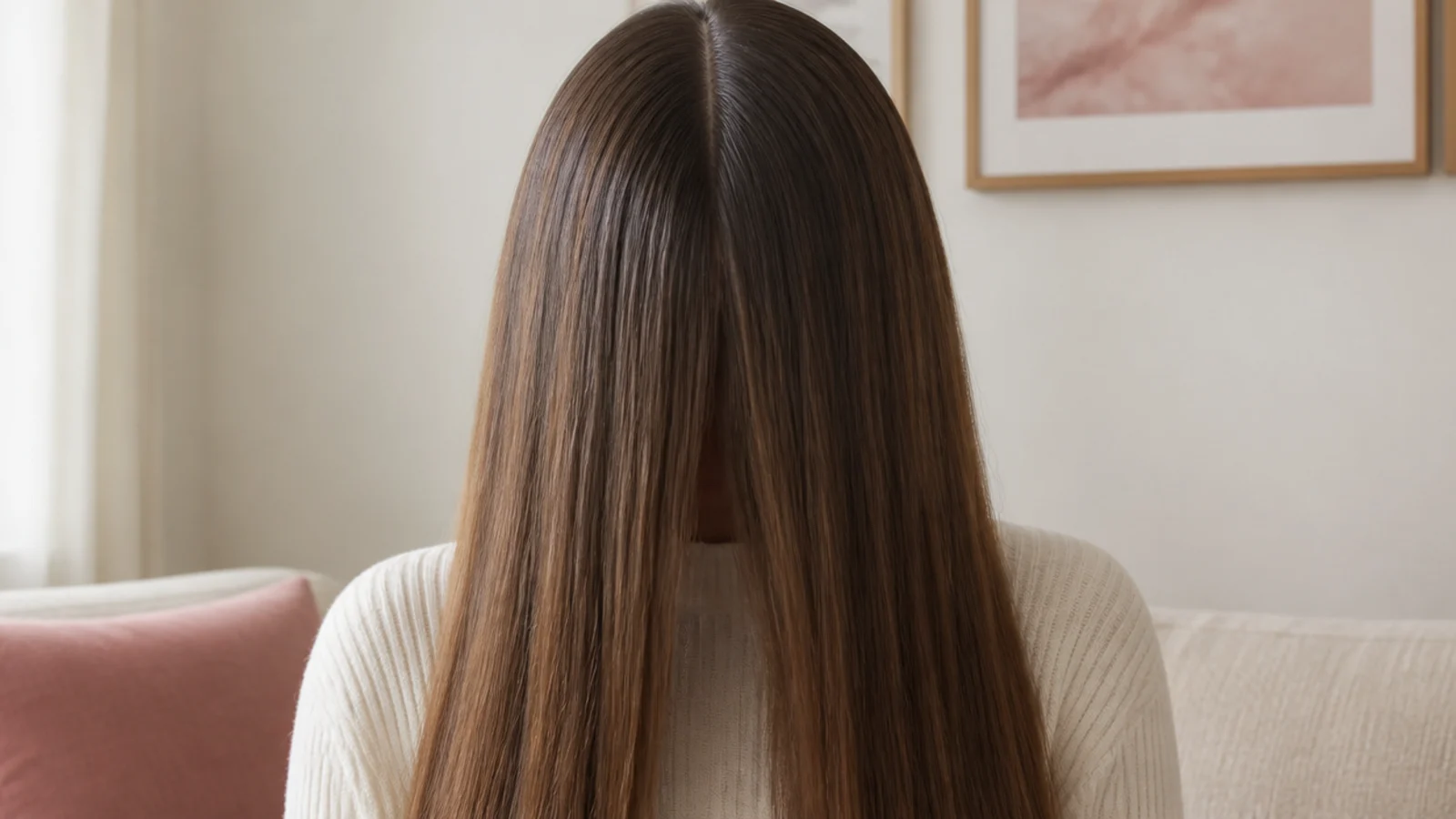 Faceless front view of straight long hair worn down with a sharp sleek center part