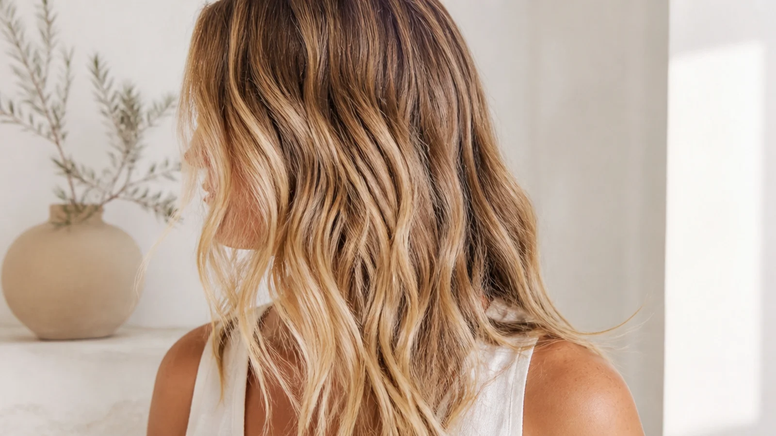 Faceless side view of loose salt-spray beach waves on wavy 2A hair worn down