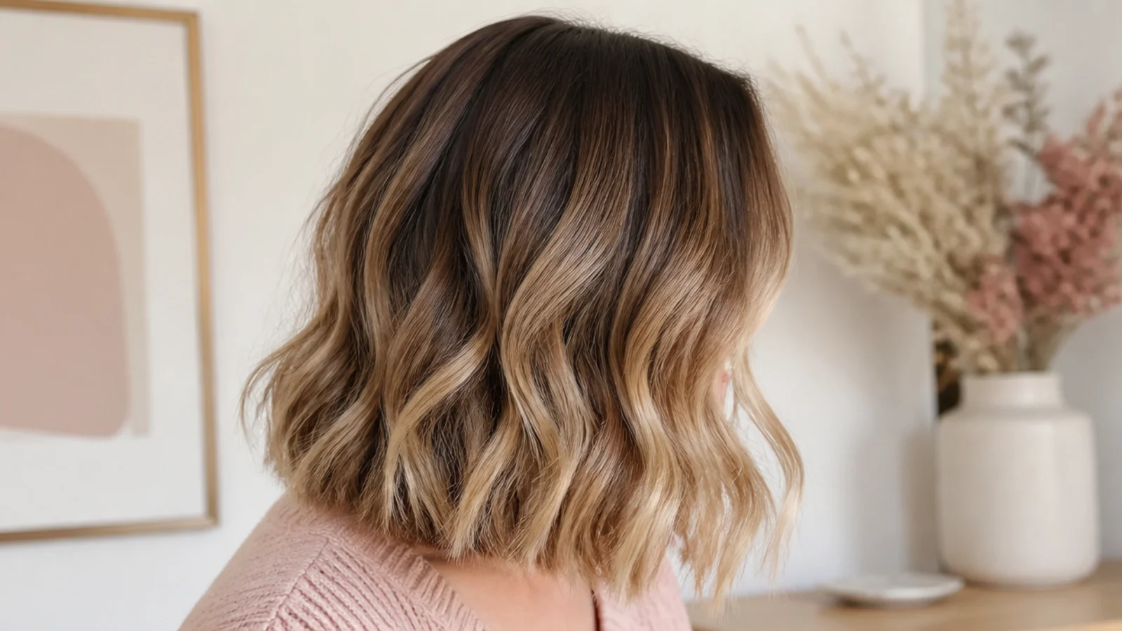 Faceless three-quarter view of a shoulder-length balayage lob on wavy 2B hair