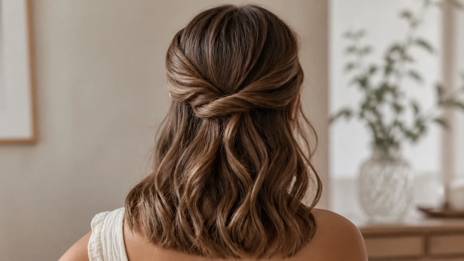 Faceless back view of a twisted half-up style on wavy medium-length hair meeting at the crown