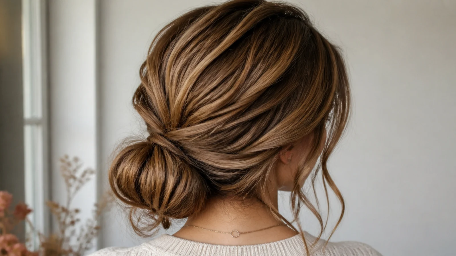 Faceless back view of a low messy bun on wavy thick hair with soft face-framing pieces
