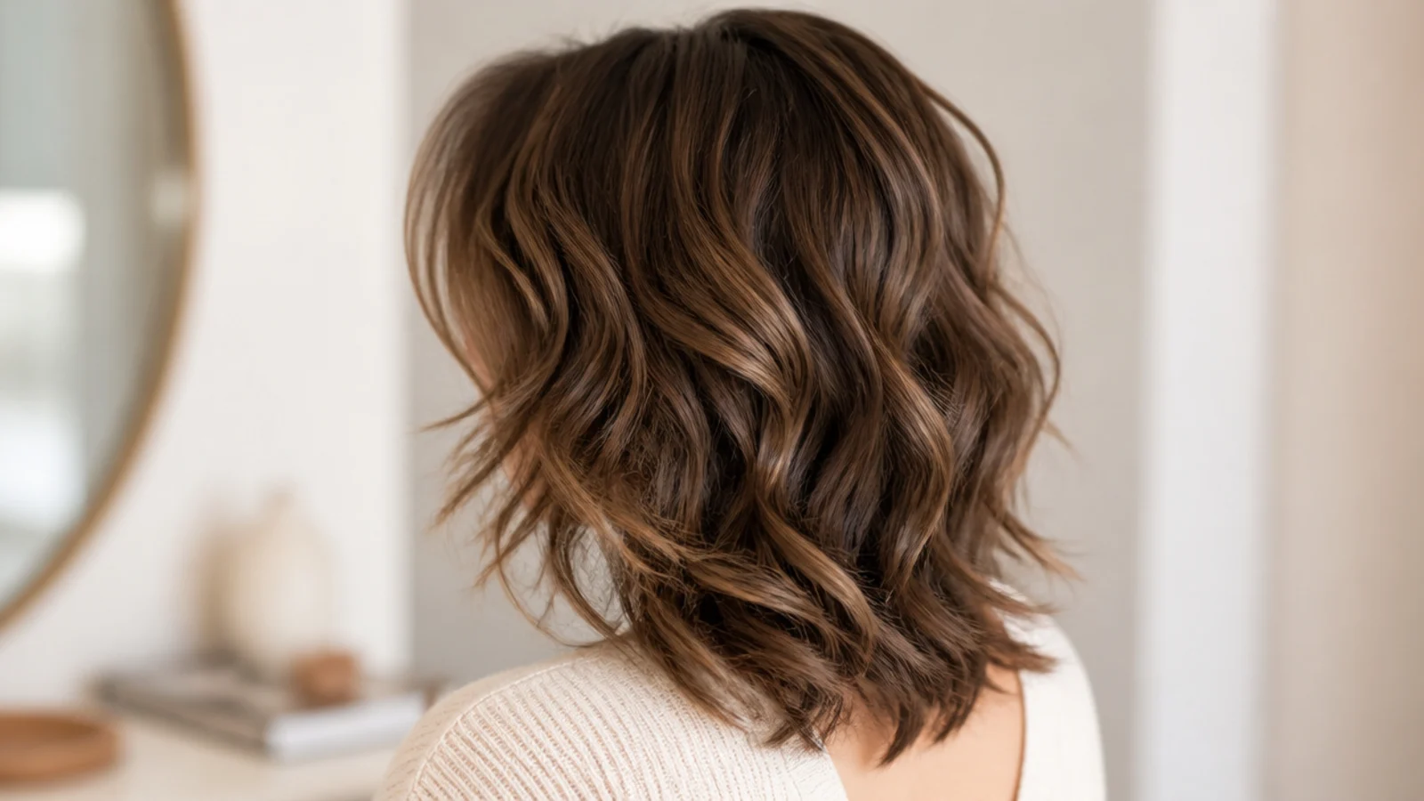 Faceless three-quarter view of a layered wavy shag on 2C medium-length hair with curtain bangs