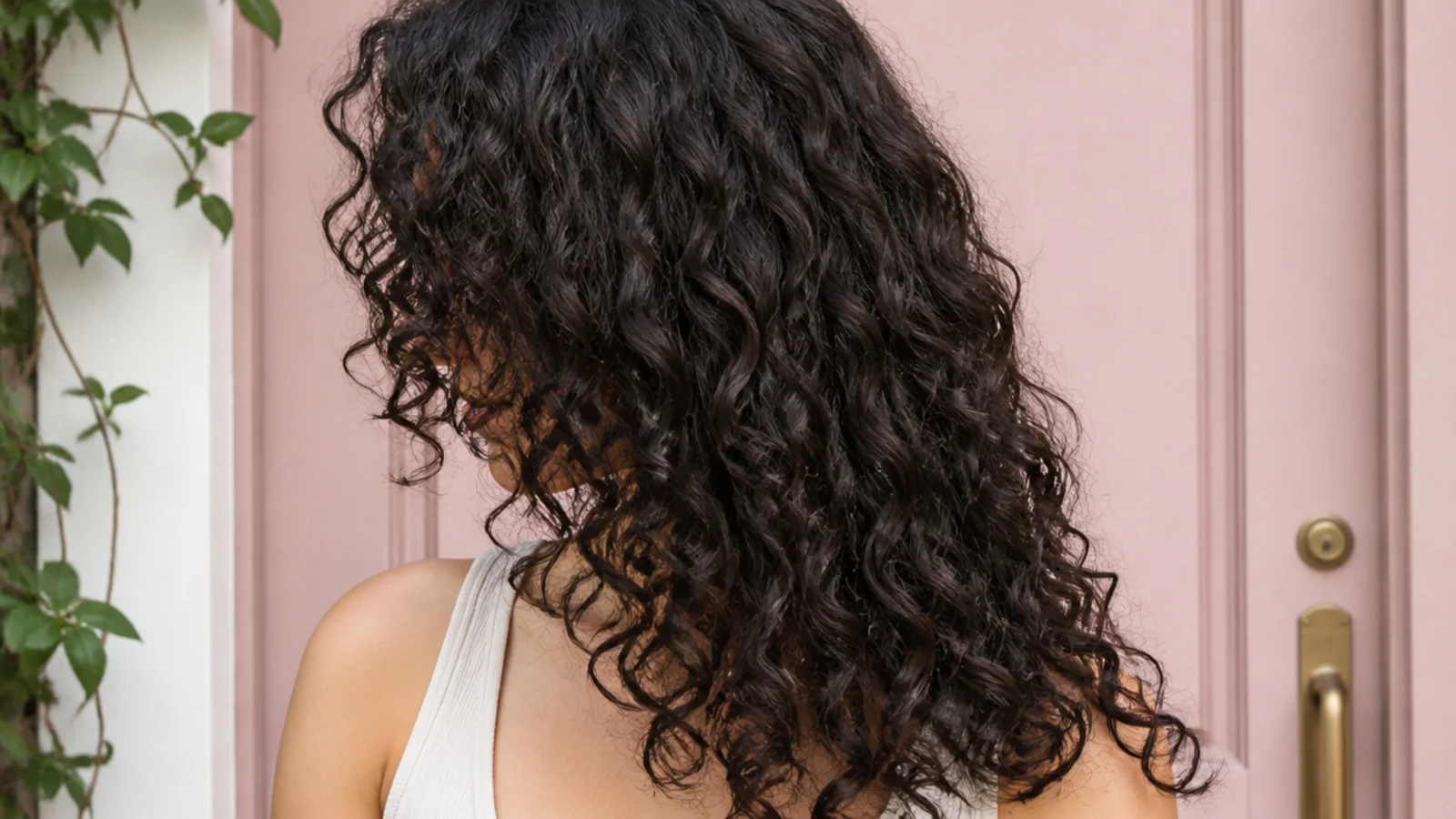 Faceless side view of a defined wash-and-go on loose 3A curls worn down