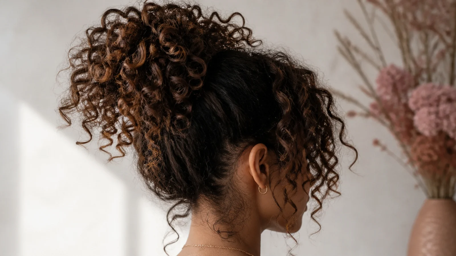 Faceless side view of a high loose pineapple updo gathering springy 3B curls at the crown