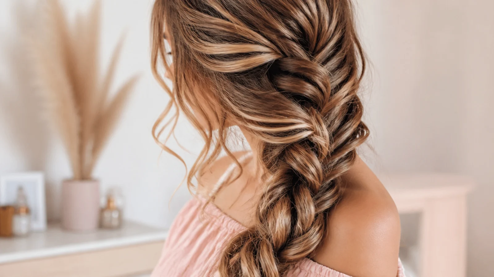 Faceless side view of a loose chunky side braid on long curly hair draped over one shoulder