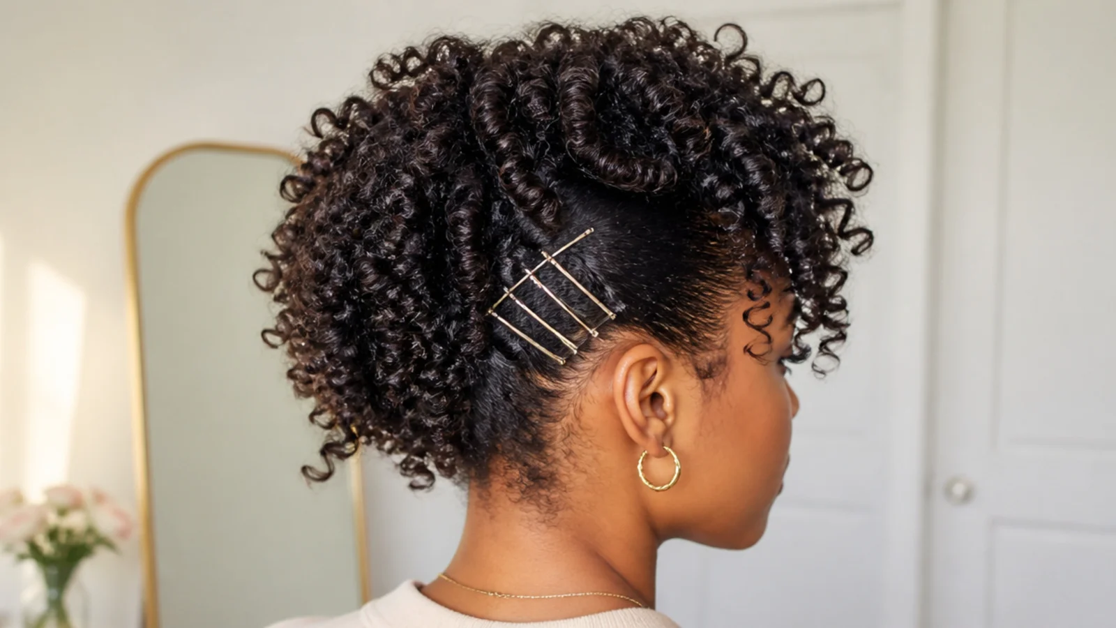 Faceless three-quarter view of a curly faux hawk on short 3C hair pinned at the sides
