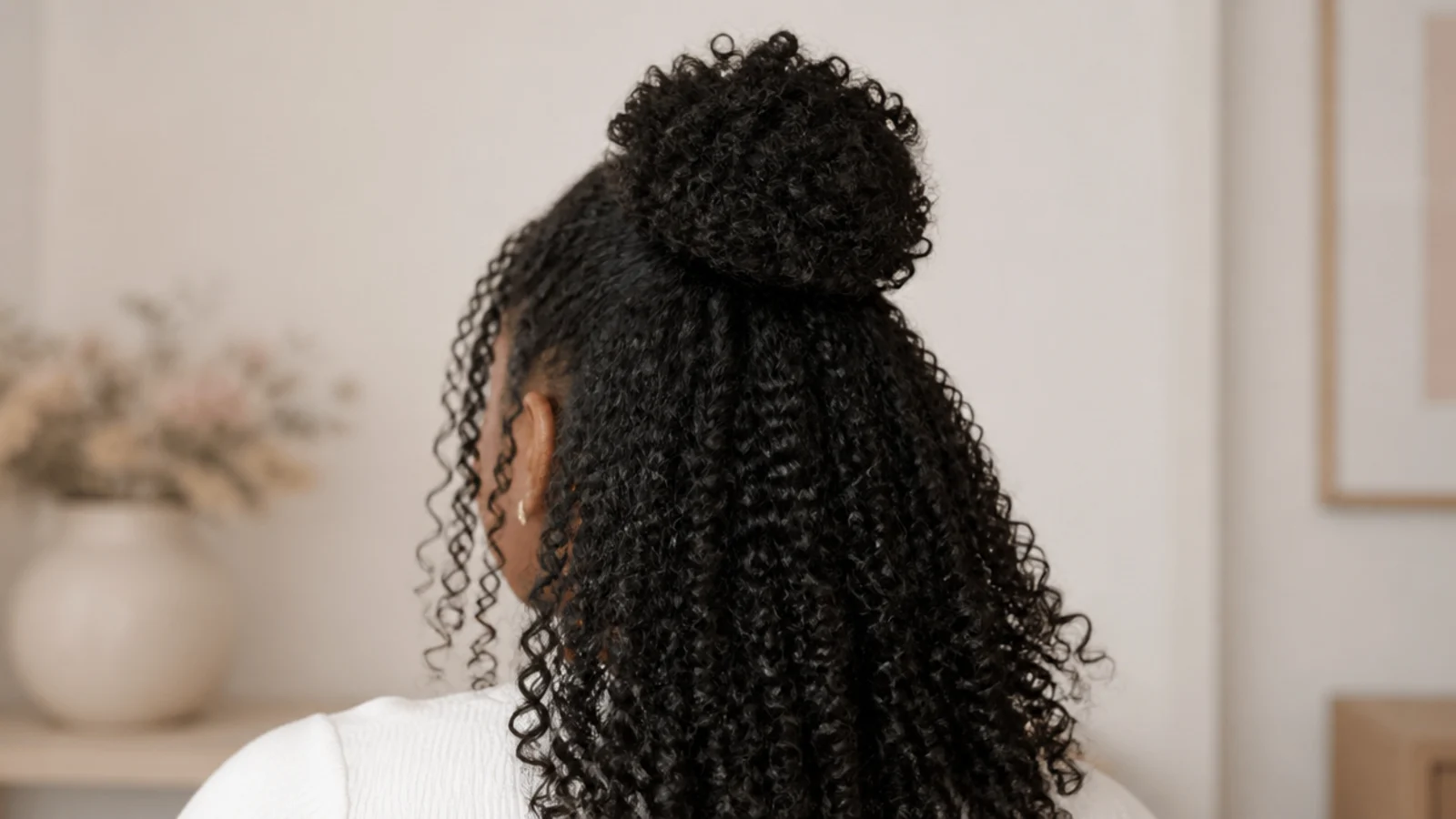 Faceless back view of a half-up curly puff gathering the top section into a rounded puff