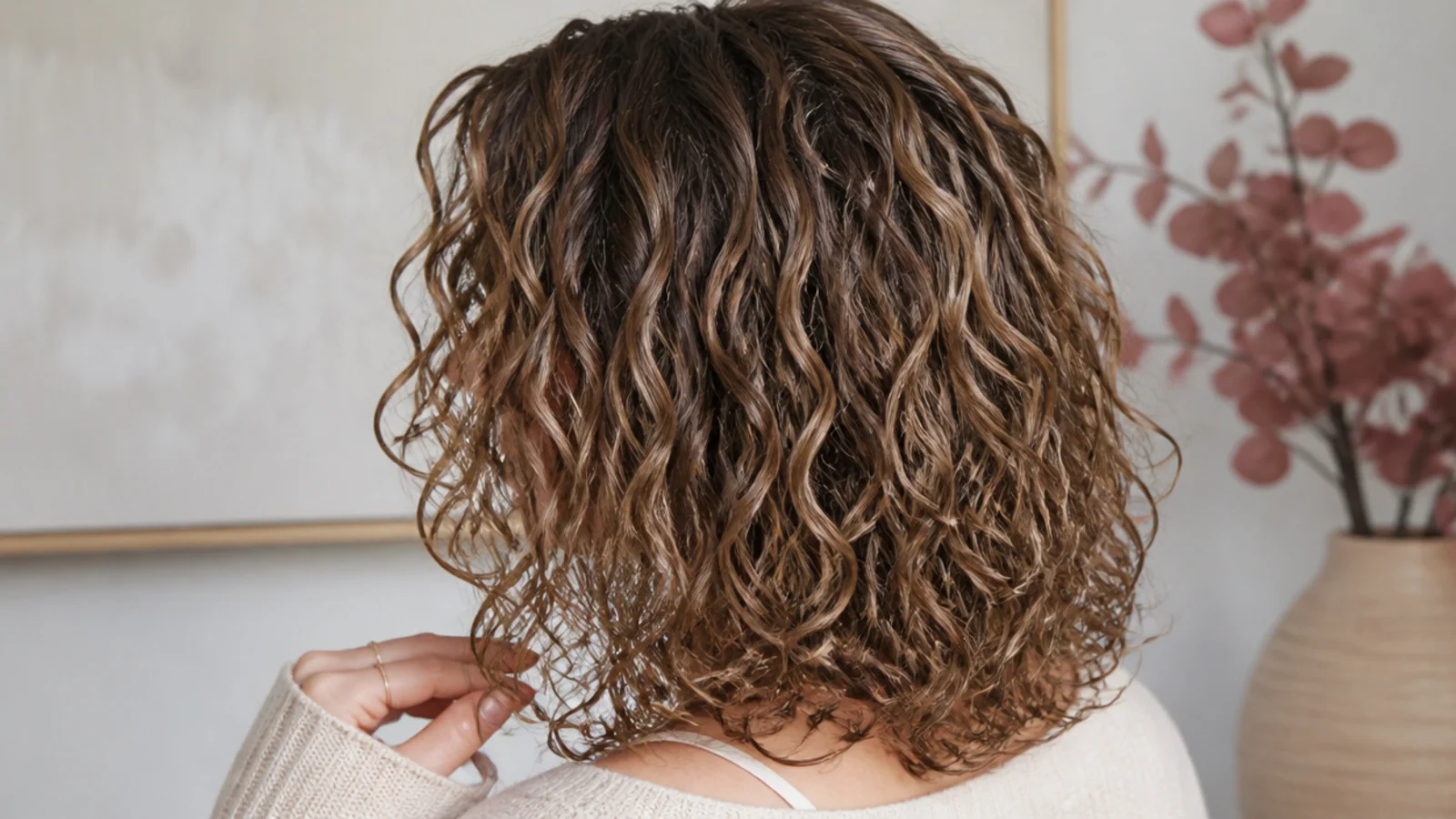 Faceless side view of a lightweight defined wash-and-go on fine low-density 3A curls