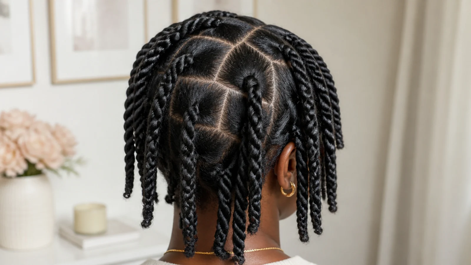 Faceless back view of neat two-strand twists sectioned across coily 4A hair