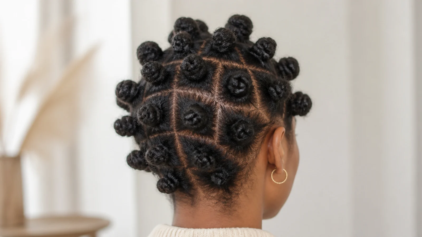 Faceless back view of a grid of small bantu knots coiled across coily 4B hair