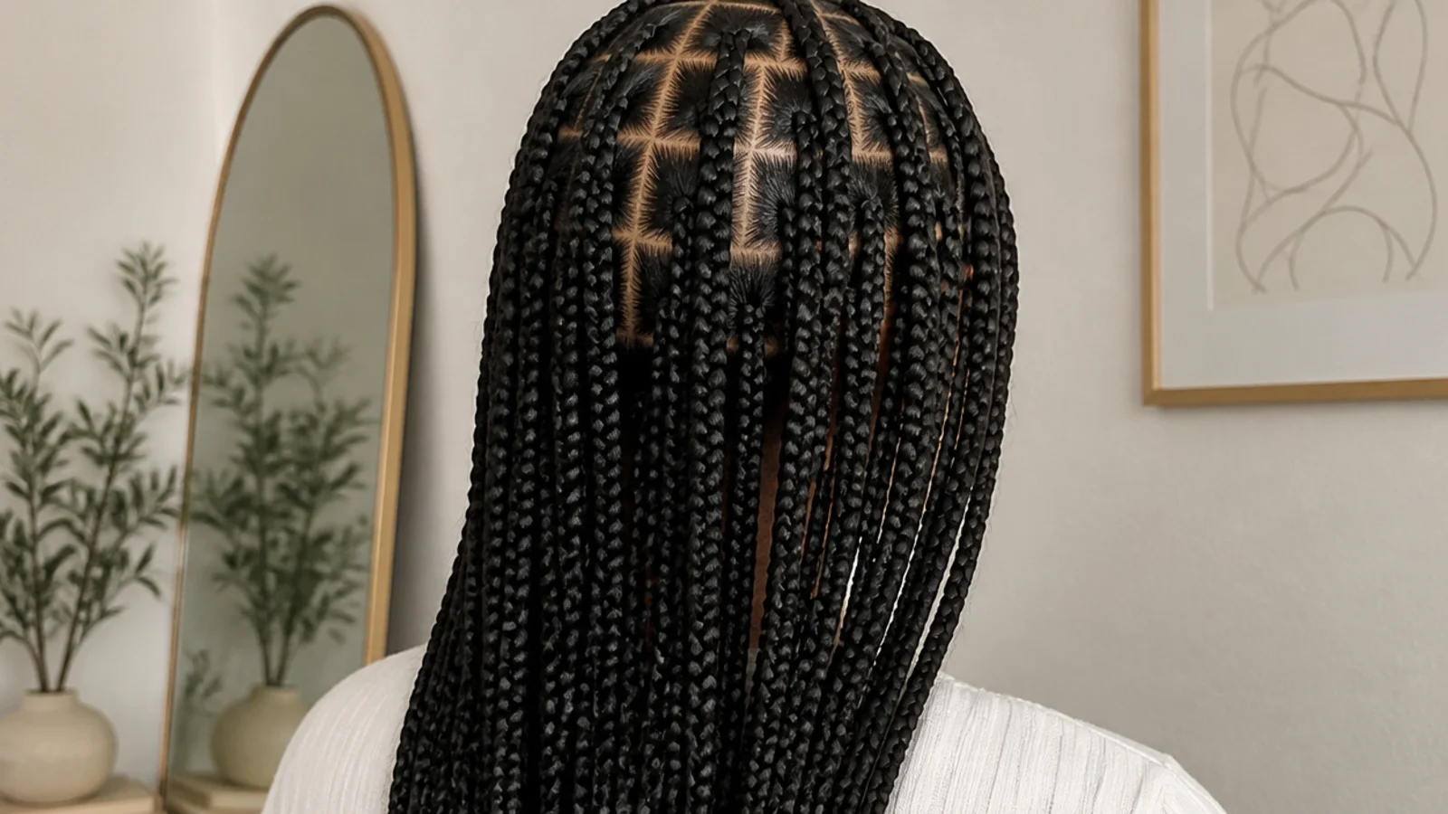 Faceless back view of long knotless box braids parted in neat squares on coily 4C hair