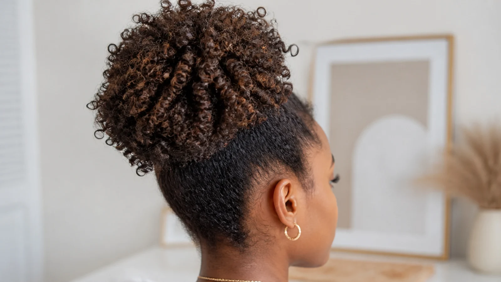 Faceless side view of a rounded high puff gathering coily medium-length hair at the crown