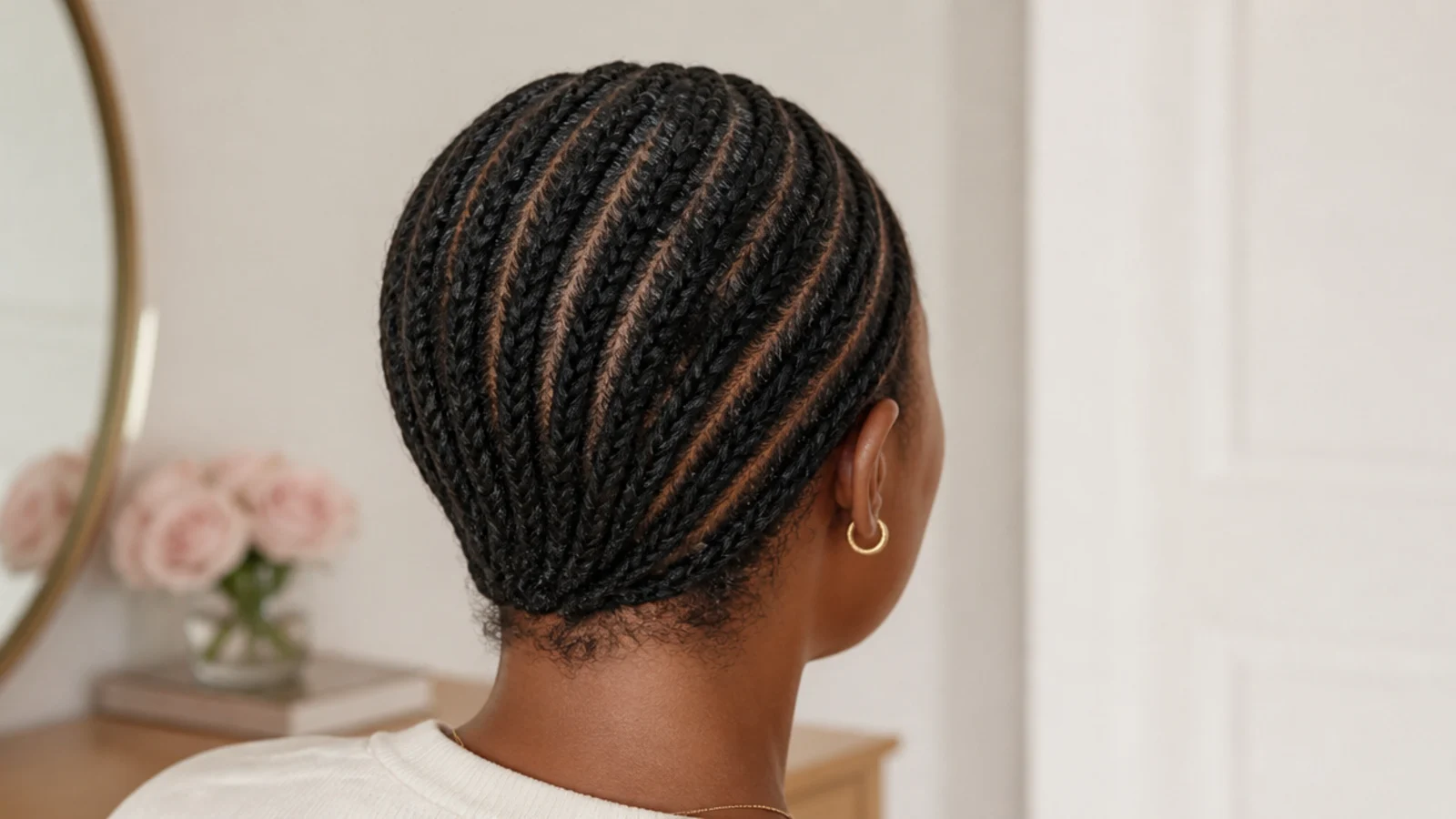 Faceless back view of flat twists laid close to the scalp on fine low-density 4C hair