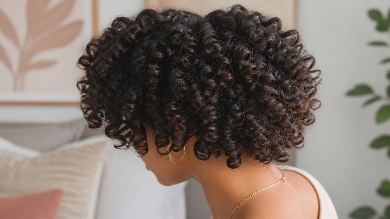 Faceless three-quarter view of a defined bantu knot-out on short coily hair with spiral volume