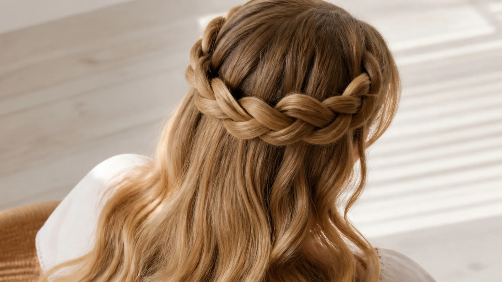 Faceless top-back view of a milkmaid braid wrapped across the crown on long hair