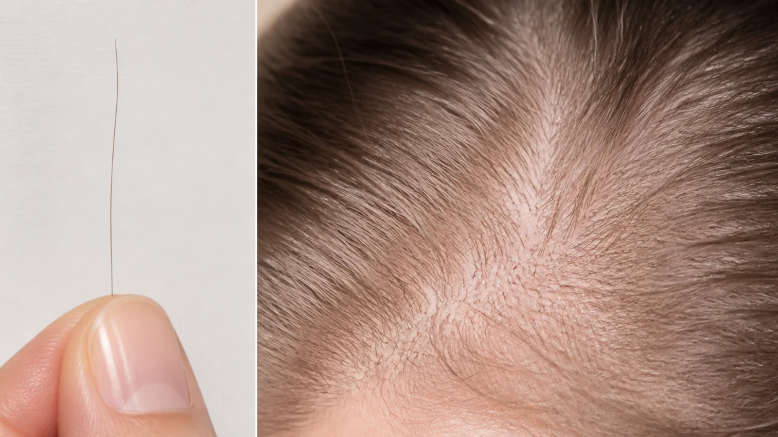 Faceless close comparison of a fine single strand next to a low-density sparse scalp section